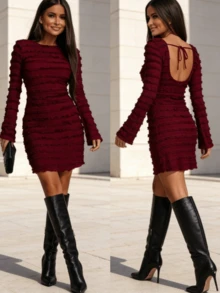 Women's Burgundy Ruched Bodycon Dress Long Sleeve Valentine's Day Date Party Dress - Red - View 1