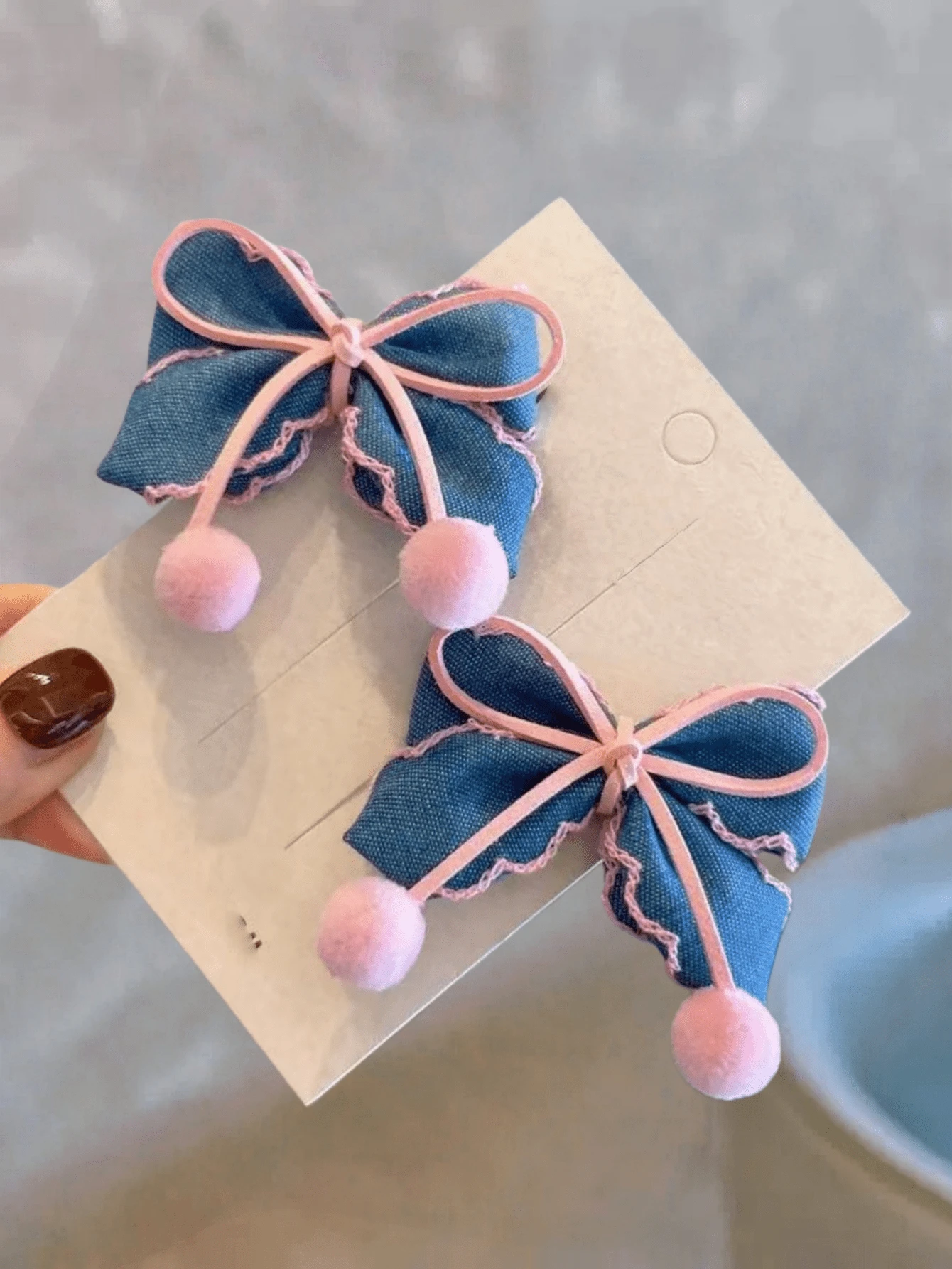 2pcs Cute & Elegant Denim Blue Bowknot Decor Hair Clips, Suitable For Daily Wear - Pink - View 1