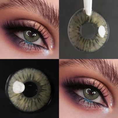  Lalens 1 Pair Ash Green Color Contact Lenses, 14.2mm Diameter, Annual Disposable, Fashionable Colored Contacts For Daily Makeup, Blue Lens, Beautify Eyes, Small Pupil Design, Suitable For Autumn/Winter, Y2K Style, Versatile, Ideal For Birthday, Christmas, Valentine's Day, Middle East Eid Party And Birthday Gift