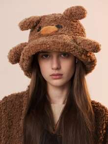 1pc Women's Cute Cartoon Ear Button Fluffy Bucket Hat, Fashionable Personalized Funny Bucket Hat With Wide Brim, Suitable For Various Occasions Like Party, Camping, Dining With Friends, Sun Protection, Windproof And Warm In Spring And Autumn - A - View 7