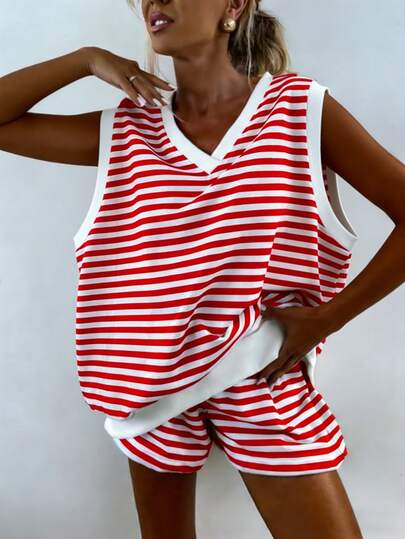 2 piezas Conjunto de pijama de mujer de verano con bloques de color y rayas, camiseta sin mangas de cuello en V + pantalones cortos, ropa de estar en casa cómoda y casual