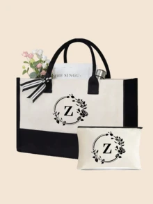 1件/1套花环字母A-Z图案帆布女士手提包，带化妆收纳袋、个性化礼品袋、便携休闲收纳手提包、多功能购物袋，新款设计，大容量 - 黑與白 - 查看 26