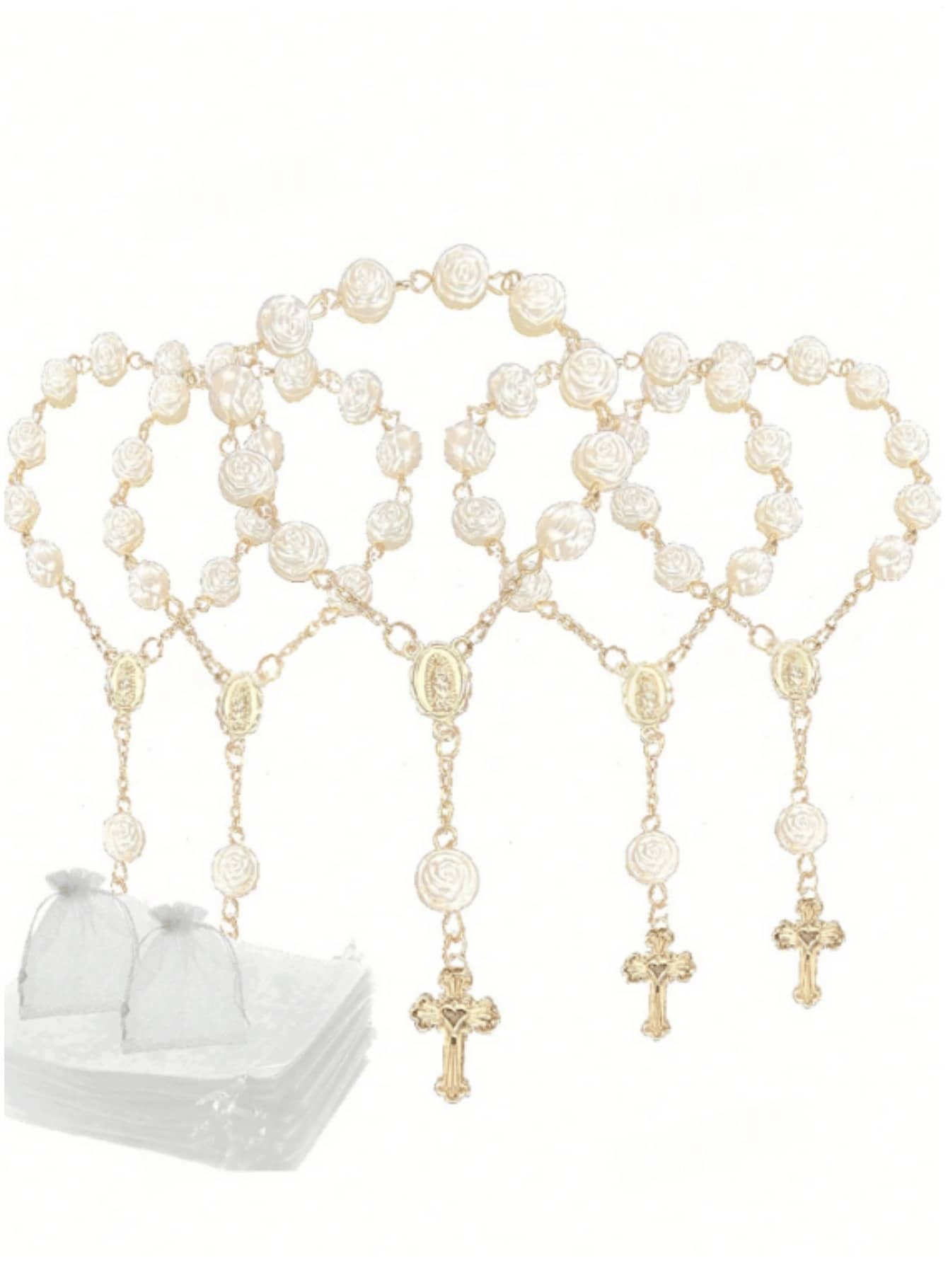 36pcs/Set, 18pcs Rosary Beads Bracelets + 18pcs Pouches, Acrylic 3D Rose Rosary Beaded Bracelets, With Organza Pouches, Suitable For Baptism Gifts, First Communion Gifts, Party Favors, Wedding Celebrations And More - Golden - View 1
