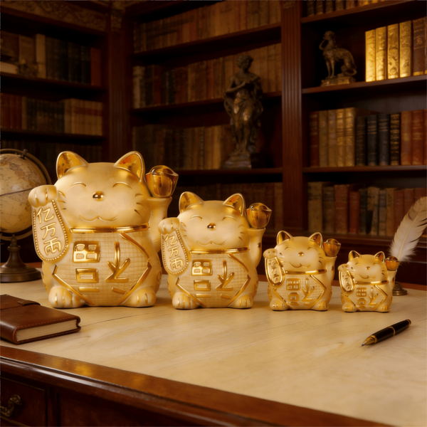4pcs Different In Size Golden Lucky Cat Gold-Plated Ornament, Creative Opening Gift, Piggy Bank, Long Live Fortune Cat The Physical Object Does Not Come With A Cloth Pad.