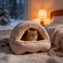Cozy Warm Pet Bed - Plush Enclosed Cat/Dog House With Removable Washable Cushion, Light Purple And Cream