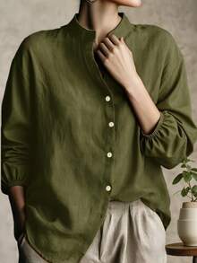 Women's Linen Solid Color Loose 3/4 Sleeve Shirt, Casual Minimalist Vacation Elegant Retro Commute Daily Versatile Collared Long Sleeve Blouse, Suitable For Spring, Summer, Autumn, Winter, Holidays, Christmas, Halloween, Back To School, Graduation, Teacher's Day, Mother's Day, Outings - Army Green - View 4
