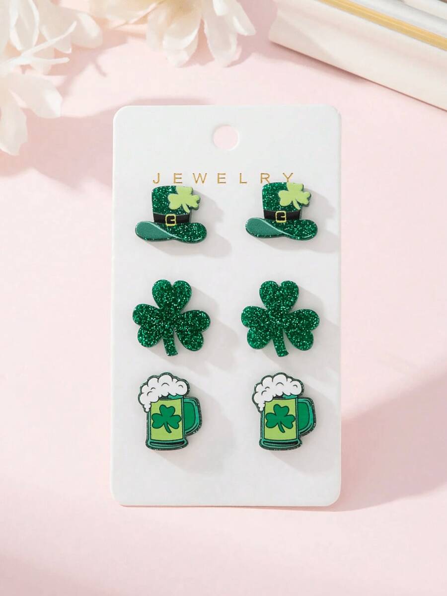 3 Pairs/Set Creative Fun St. Patrick's Day Green Hat Lucky Grass Wine Glass Earrings Can Be Used As Gifts - Multicolor - View 1