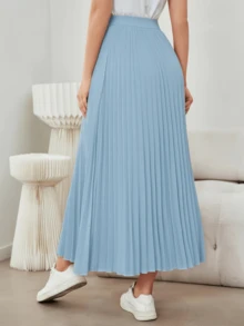 Women's Solid Color Pleated Casual Versatile Commute Skirt Spring - Sky Blue - View 3