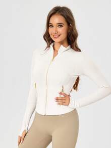 Women's Solid Color BBL Zip Up Sports Jacket With Pockets Gold Zipper High Stretch Lightweight Yoga Tennis Gym Workout Outerwear Workout Clothes Pickleball Clothes - Ngà voi/Vàng - Xem 6