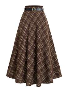 女士格子半身裙，休闲优雅设计，涤纶面料，配腰带，适合办公室、度假、约会、旅行、机场等各种场合，四季皆宜，春季穿着。 - 棕色 - 查看 1
