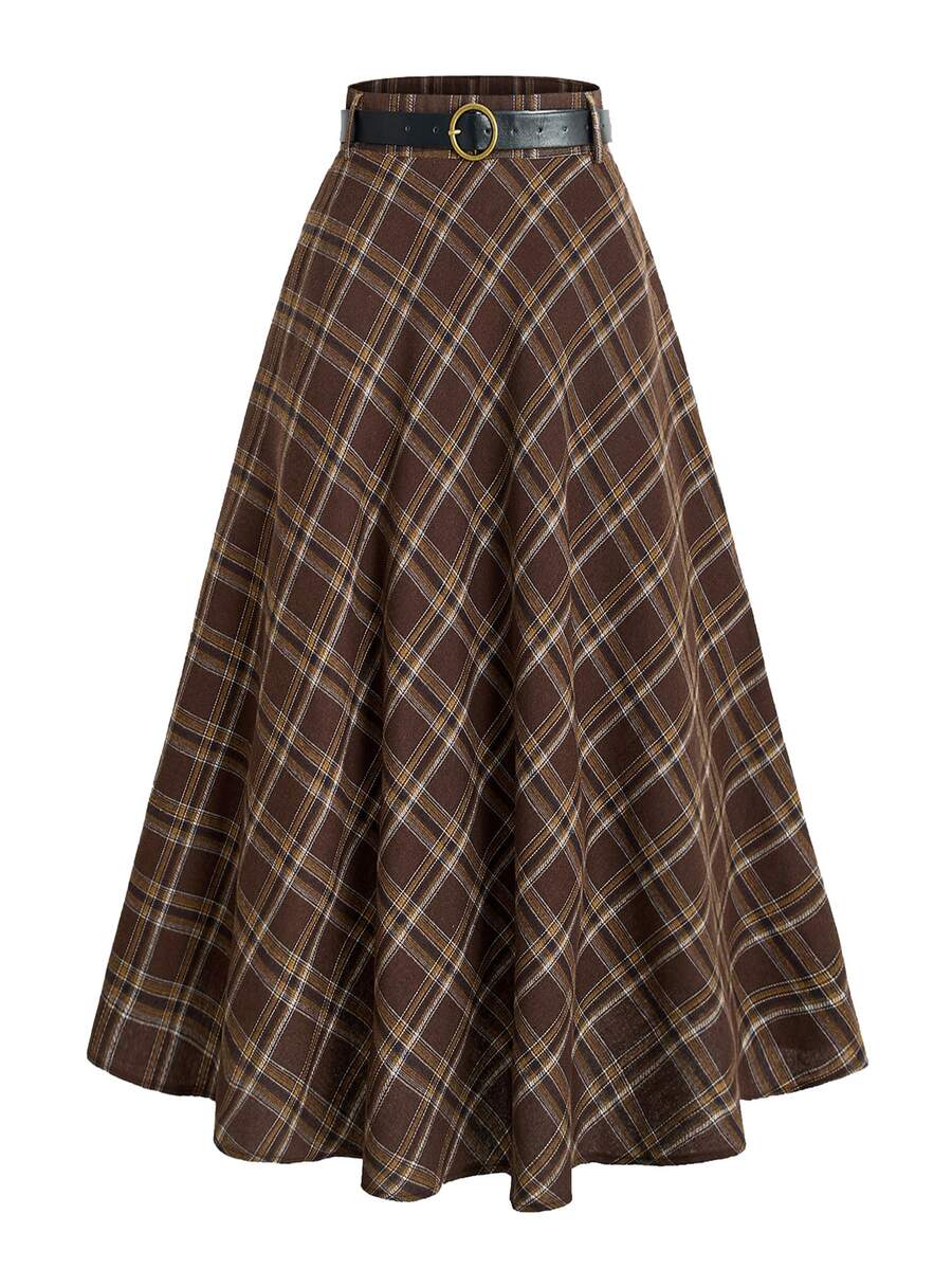 女士格子半身裙，休闲优雅设计，涤纶面料，配腰带，适合办公室、度假、约会、旅行、机场等各种场合，四季皆宜，春季穿着。 - 棕色 - 查看 1