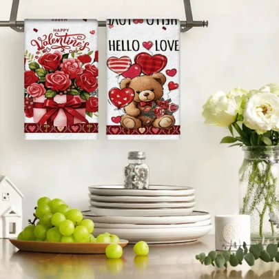 2/4/48pcs Valentine's Day Kitchen Dishcloths, Rose Pattern, Red Heart Truck, Pink Heart Polyester Dishcloths, Absorbent Soft , Kitchen Cleaning Helper, Suitable For Holiday Decoration, Adding Romantic Atmosphere, Kitchen Decorative Towels, Valentine's Day, Wedding Decorations