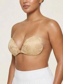 3/1 pièce Coussinets de soutien-gorge invisibles autoadhésifs en dentelle, cache-tétons rehaussant le décolleté sans bretelles avec des sangles transparentes - Nude - Voir 3