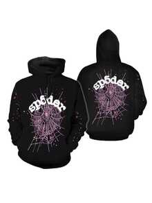 Black Spider Web Hoodie With  Text, Unisex Streetwear Pullover, Front And Back Pink Web Graphic, Cozy Pocket, Goth Y2K Gift - 彩色 - 查看 2