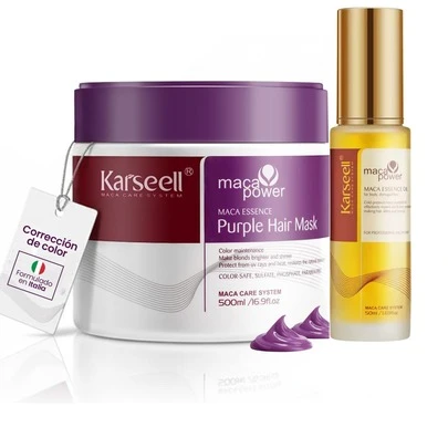  KARSEELL Pack Violet Mask 500ml + Argan Oil 50ml Professional Treatment For Bleached Platinum Blonde Hair With Balayage Or Gray Hair That Tends To Yellow Or Orange Highlights. The Toning Violet Mask Neutralizes Unwanted Warm Tones Leaving A Luminous And Uniform Cool Blonde While Hydrating, Repairing And Improving Elasticity With Hydrolyzed Collagen, Vegetable Proteins And Conditioning Agents That Strengthen The Hair Fiber, Reduce Breakage, Control Frizz And Restore Softness And Shine. Pure Argan Oil, Rich In Vitamin E And Essential Fatty Acids, Deeply Nourishes, Seals The Cuticle, Prolongs Color, Protects Against External Damage And Provides Control, Discipline And A Silky Finish. This Complete Set Combines Anti-Yellow Toning Action And Intense Nourishing Care, Offering Visible Results From The First Application, Suitable For Women And Men, Compatible With Other KARSEELL Products.