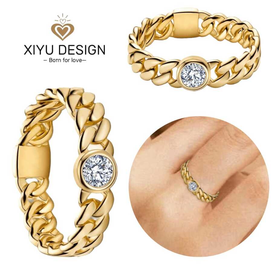 Golden Cuban Chain Ring Zirconia Shining Original Finger Engagement Ring Wedding Ring For Women Fine Jewelry Valentine's Day Gift - Silver - View 1