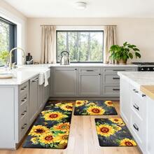 1/2/3 piezas Alfombras de cocina con diseño de girasol y mariposa, fondo negro con diseño floral, base antideslizante, adecuado para cocina, sala de estar, dormitorio, baño, decoración del hogar de primavera/verano - Multicolor - Ver 4