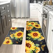 1/2/3 piezas Alfombras de cocina con diseño de girasol y mariposa, fondo negro con diseño floral, base antideslizante, adecuado para cocina, sala de estar, dormitorio, baño, decoración del hogar de primavera/verano - Multicolor - Ver 2