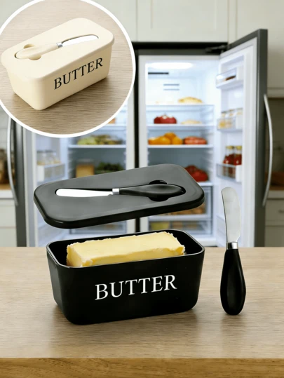 1pc PP Butter Dish With Lid & Knife, "BUTTER" Printed On Body, Keeps Butter Fresh And Convenient To Scoop, Suitable For Daily Breakfast, Baking, Refrigerator Storage