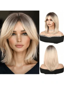 14-Inch Ombre Blonde Straight Synthetic Wig With Bangs, Layered Bob Style, Heat Resistant Fiber Material, Suitable For Daily Wear