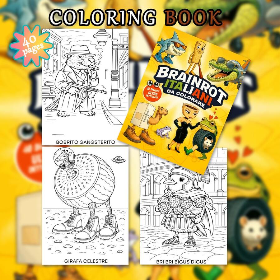 40 Pages - 270g, Italian Style Funny Shark Themed Coloring Book, Soft Skin Paper Coloring Book, Funny Style, Shark Wearing Fashion Glasses Pattern, Blue & White Color Scheme, Includes Shoe Details, Suitable For Stationery, School Supplies, Great Gift For Girls, Valentine's Day, New Year - Brainrot Italiani Da Colorare - View 1