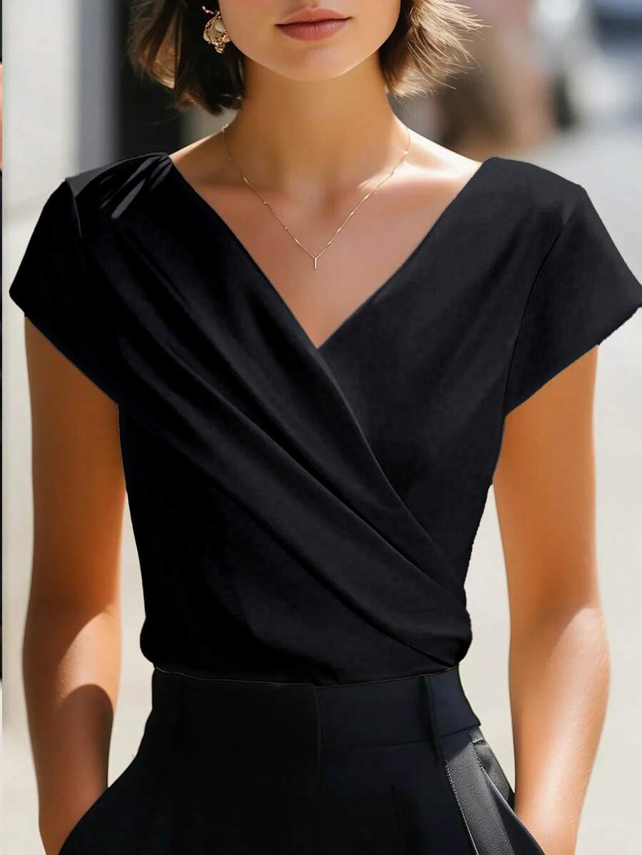 Blusa asimétrica de unicolor elegante para mujer, esencial para primavera y verano