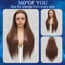 34英寸 200%密度 13x4蕾丝前额假发 #4棕色直发混纺真人发假发 预先拔毛 13x4高清透明蕾丝前额假发 女士款 - 棕色 - 查看 2