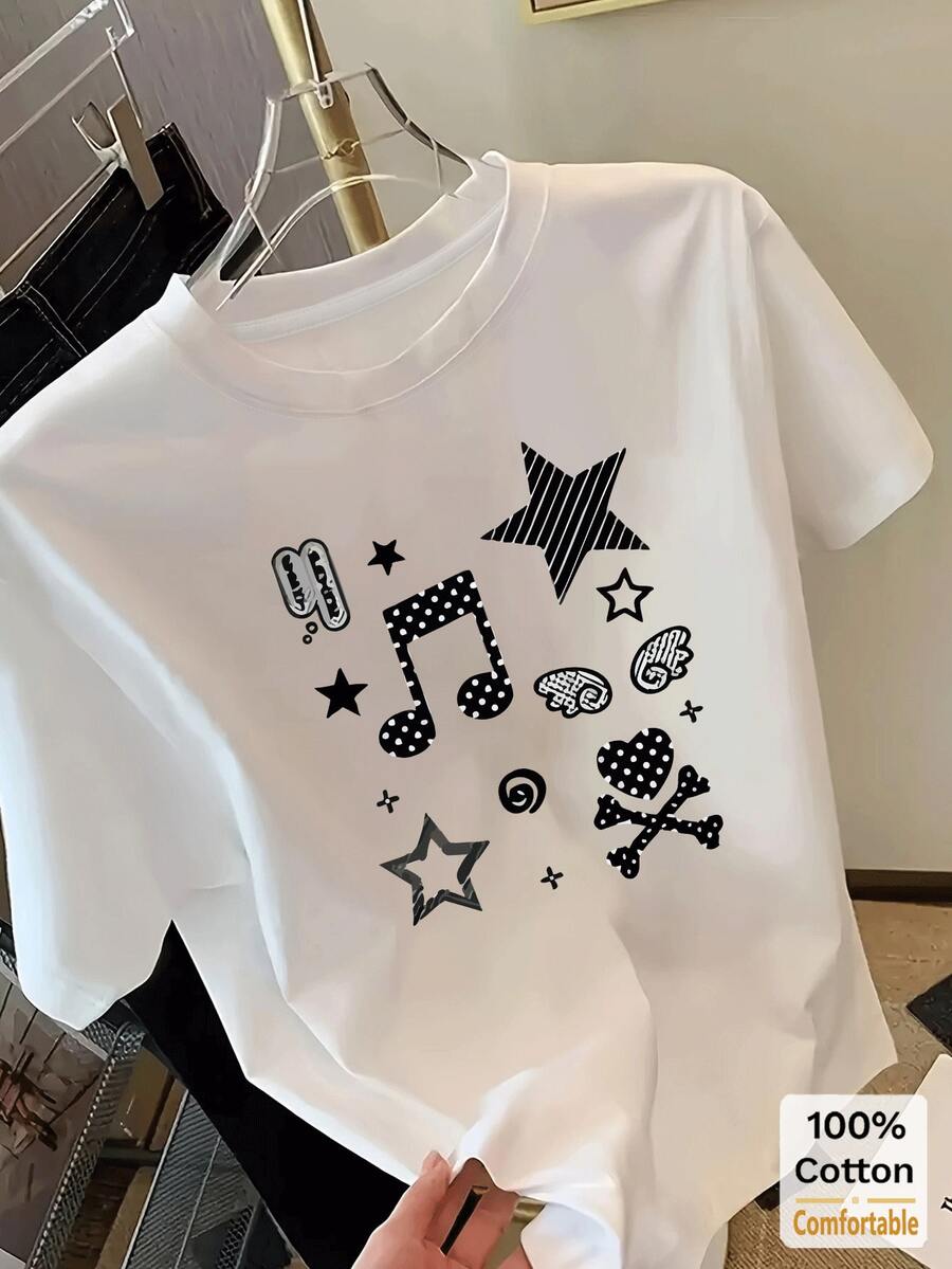 女士休闲印花短袖中长款T恤，时尚百搭 - 白色 - 查看 1