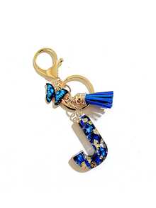 1个A-Y字母钥匙扣，精美蓝色流苏蝴蝶，英文字母钥匙扣，水晶树脂水滴吊坠，女士包包挂饰，汽车挂件，送给她的礼物