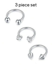 3件套立方氧化锆装饰C形螺纹不锈钢鼻环，16G 8mm耳骨耳环鼻环，适合女性日常佩戴