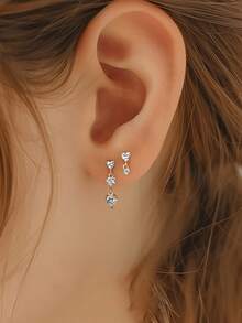 BALMORA 1pc Cute Simple Elegant S925 Sterling Silver Irregular Heart Set Zirconia Earrings Heart-Shaped Bow Stud Earring Women's Valentine's Day Gift And Party Outfit - Gold - View 4