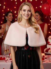 1pc Faux Fur Shawl, Sweet Pink Party Evening Dress Cloak Shawl, Bridesmaid Warm Outerwear, Artificial Mink Fur Open Front Shawl Wrap, Romantic Pink Valentine's Day Dress Shawl | Luxurious Elegant Evening Dress Shawl. - Pink - View 6