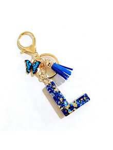 1个A-Y字母钥匙扣，精美蓝色流苏蝴蝶，英文字母钥匙扣，水晶树脂水滴吊坠，女士包包挂饰，汽车挂件，送给她的礼物
