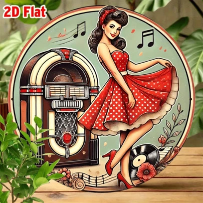 2D复古音乐盒及性感女郎金属墙饰 - 8英寸铁艺招牌，红色连衣裙，黑白格纹地板，音符图案，适用于卧室、客厅、酒吧、咖啡厅、车库装饰，是馈赠亲友的理想礼物，1件装