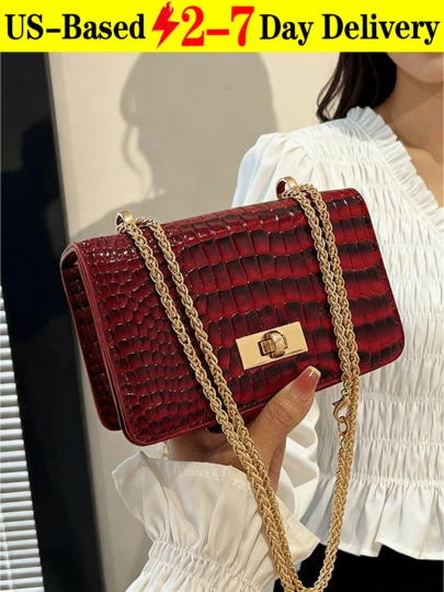 Women's Burgundy Faux Leather Crocodile Embossed Mini Chain Shoulder Bag, Fashionable Burgundy Bag , Red Bag