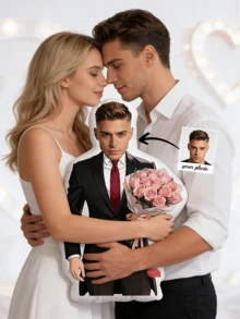 Holding A Bouquet Of Flowers And A Throw Pillow, You Can Upload Your Own Photo Or Choose Someone Else's For Customization. - Multicolor - View 4