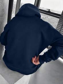 男士休闲百搭简约字母棕榈树印花抽绳连帽衫，带袋鼠口袋，保暖内衬，秋冬款 - 藏蓝色 - 查看 2