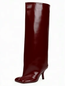 Knee High Boot Square Toe Kitten Heel Stiletto Heeled Boots For Woman Wide Calf Long Boots Heeled Slouchy Formal Shoes Winter Tall Boots For Women - 酒紅色 - 查看 7