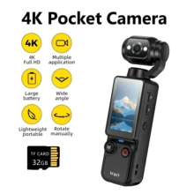4K高清口袋相机，配备1.9英寸显示屏和180°旋转功能 - 支持4K视频录制、32GB SD卡扩展、USB-C充电、数字图像防抖、自动对焦，适用于户外运动、视频录制、旅行等多种场景 - 便携式Vlog相机