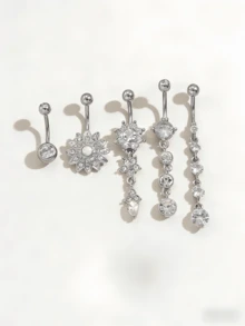 潮流梅花肚脐环，不锈钢镶嵌锆石，蛋白石花朵流苏吊坠，适合女士日常佩戴，也适合节日、婚礼、万圣节、圣诞节、派对等场合，是馈赠佳品。 - 白金 - 查看 1