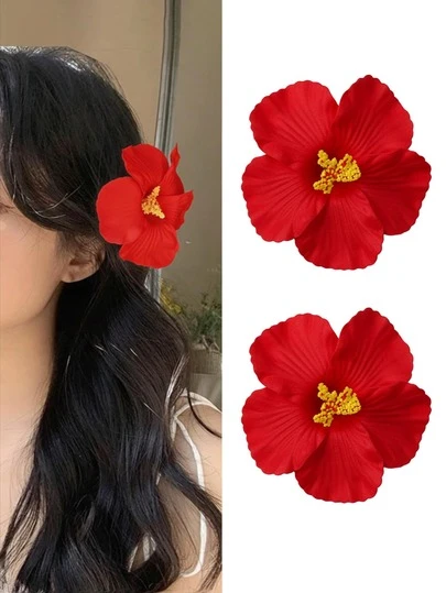 2pcs/Set Red Hawaiian Hibiscus Flower Hair Clips, Suitable For Women And Girls, Large Multicolor Tropical Artificial Flower Hair Clips, Boho Style Hair Accessories, Suitable For Summer Beach Vacation, Hawaiian Theme Party, Wedding Favors And Valentine's Day