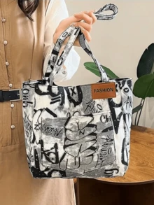 Bolso de lona, gran capacidad portátil, nuevo bolso de hombro multifuncional de moda para mujeres con estampado de graffiti, bolso de mano para estudiantes universitarios, mochila literaria para estudiantes, adecuado para mujeres o estudiantes, perfecto para guardar libros, artículos de compras, útiles escolares, bolso de mano para mujeres, artículo esencial para la universidad - Blanco y Negro - Ver 6