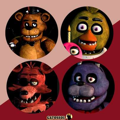 KIT com 4 Bottons FNAF - 4,5CM Broche  - V3 - Broches Geek- NERD - TERROR - Botton - Boton - Buton - Broches - Botom - Botons - Butom - Botoms - Pin - Pins - Botom - Bottom - Butom