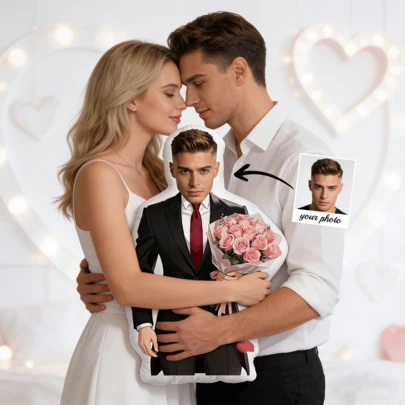 Sosteniendo un ramo de flores y un cojín, puede cargar su propia foto o elegir la de otra persona para personalizar.