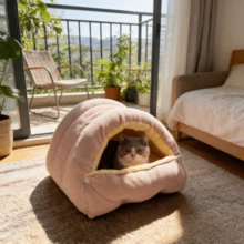 Cozy Warm Pet Bed - Plush Enclosed Cat/Dog House With Removable Washable Cushion, Light Purple And Cream