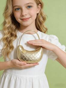 Girls' Embossed Rhombus Pattern Handbag, Holiday Gift, Fashion Princess Mini Purse, Crescent Moon Mini Bag, Gold/Silver - one-size - View 9