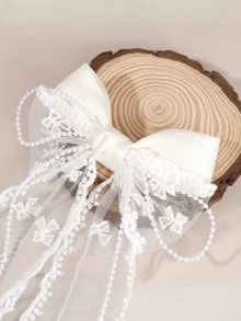 1pc White Lace Hair Bows For Women Girls, Large Tulle Faux Pearl Bow Hair Clips With Long Tail, Aesthetic Hair Accessories, French Vintage Mesh Ribbon Barrette For Wedding Bridal Party Valentine's Day Daily Wear For Festival And Festival - White - View 3