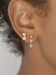 BALMORA 1pc Cute Simple Elegant S925 Sterling Silver Irregular Heart Set Zirconia Earrings Heart-Shaped Bow Stud Earring Women's Valentine's Day Gift And Party Outfit - Gold - View 3