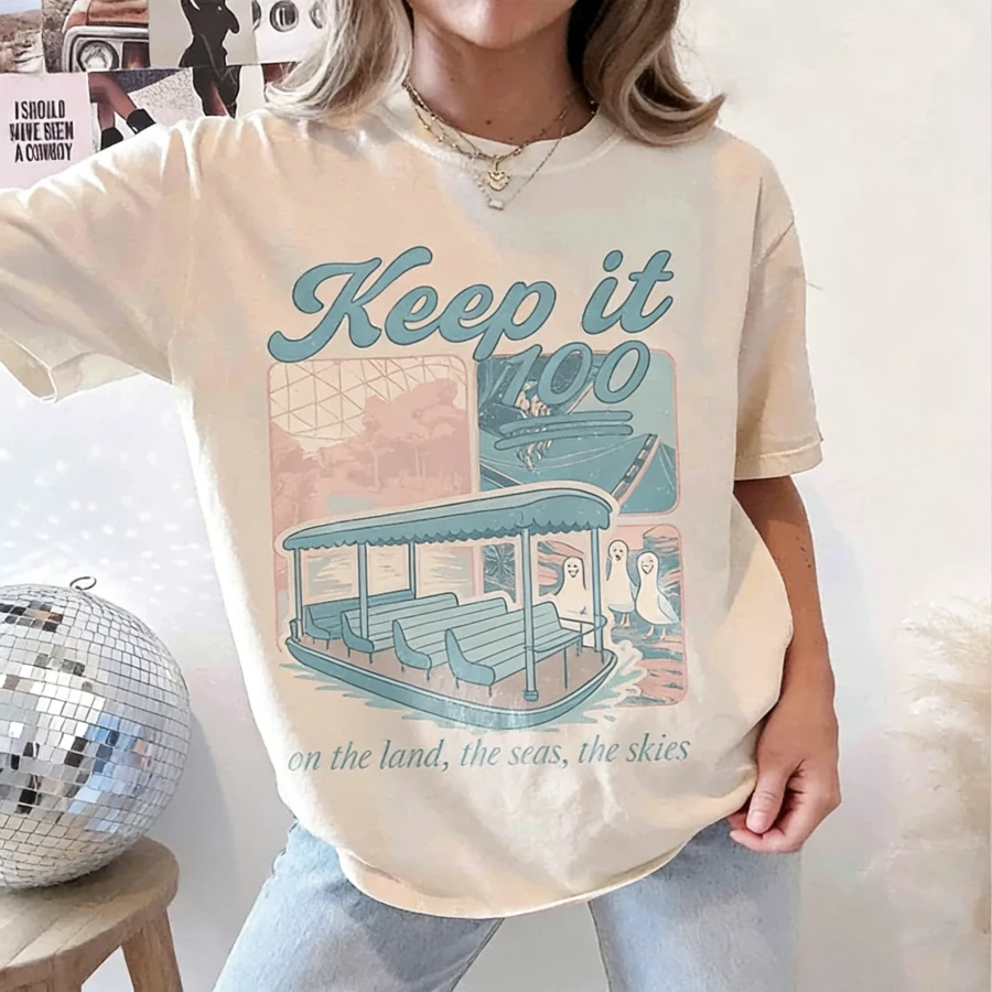 Keep It 100 On The Land The Seas The Skies Shirt,  Boat Seagull Tee, Retro Pastel  Trip Shirt, Epcot World Traveler Tee - 白色 - 查看 1