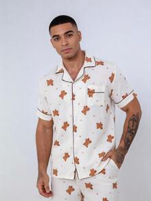 Snug League 2 Pieces Set, Men's Star & Moon Bear All-Over Print Short Sleeve Shorts Pajama Loungewear Set - Beige - View 4